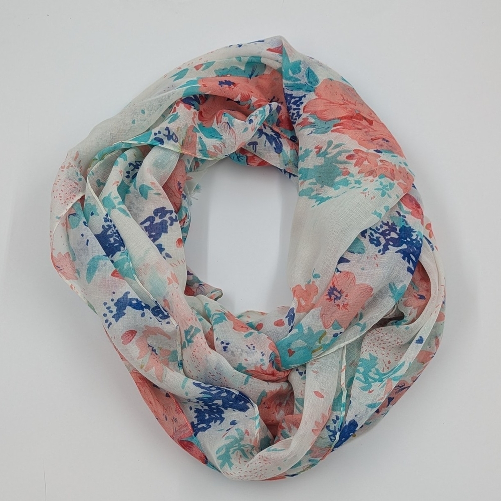 Melifluous Coral & Blue Floral Scarf | 35" x 70" - Picture 4 of 6